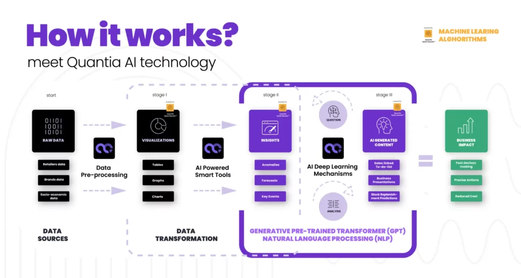 Infographic of Quantia AI technology workflow, highlighting stages from data sources to business impact through AI and machine learning algorithms.